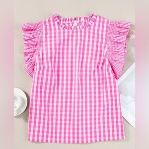 Chic Pink Checkered Ruffle Blouse XL NWOT
